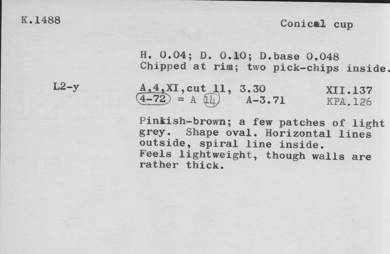 Index card with typed and handwritten information, sometimes including a sketch, of pottery from an excavation.