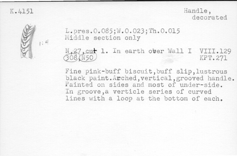 Index card with typed and handwritten information, sometimes including a sketch, of pottery from an excavation.