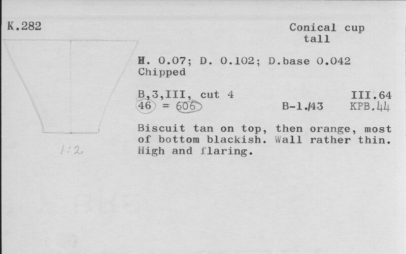 Index card with typed and handwritten information, sometimes including a sketch, of pottery from an excavation.