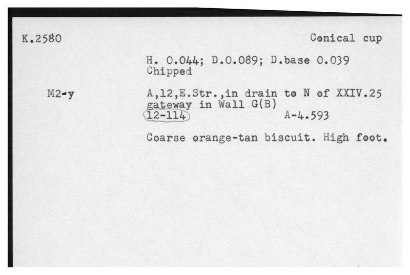 Index card with typed and handwritten information, sometimes including a sketch, of pottery from an excavation.