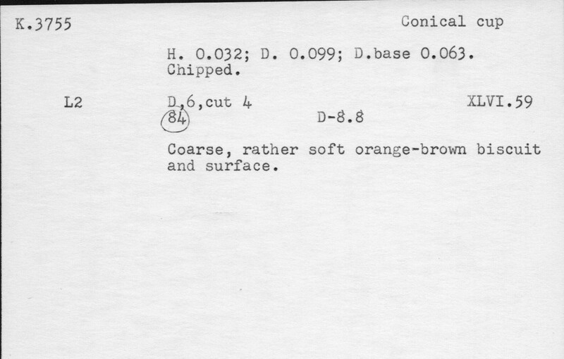 Index card with typed and handwritten information, sometimes including a sketch, of pottery from an excavation.