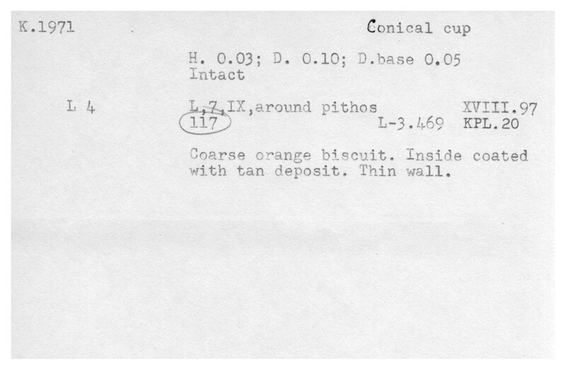 Index card with typed and handwritten information, sometimes including a sketch, of pottery from an excavation.