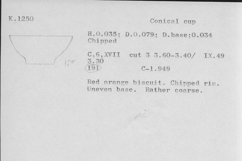 Index card with typed and handwritten information, sometimes including a sketch, of pottery from an excavation.