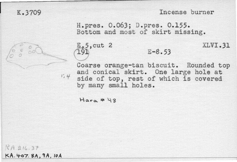 Index card with typed and handwritten information, sometimes including a sketch, of pottery from an excavation.
