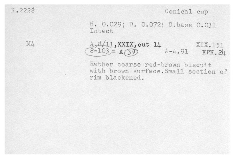 Index card with typed and handwritten information, sometimes including a sketch, of pottery from an excavation.