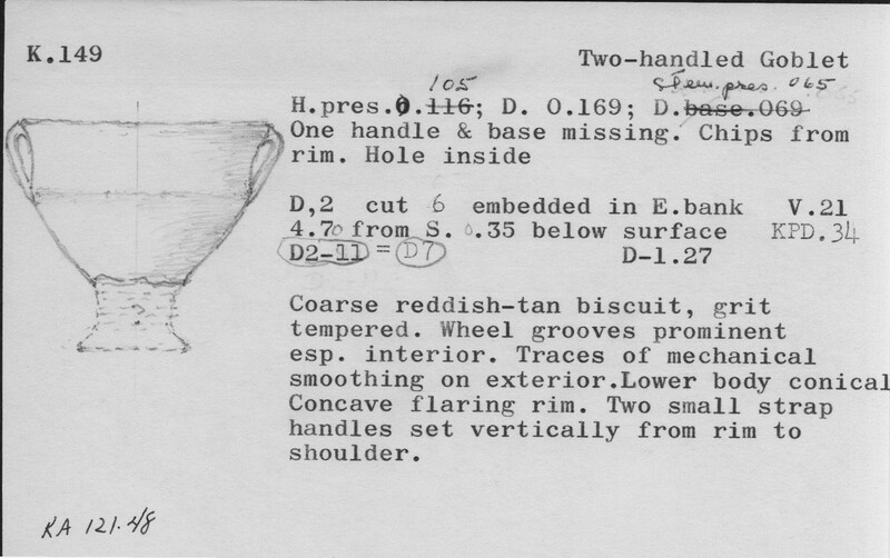 Index card with typed and handwritten information, sometimes including a sketch, of pottery from an excavation.