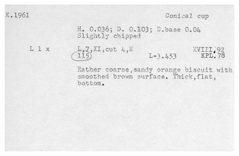 Index card with typed and handwritten information, sometimes including a sketch, of pottery from an excavation.