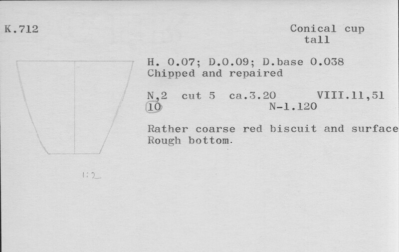 Index card with typed and handwritten information, sometimes including a sketch, of pottery from an excavation.