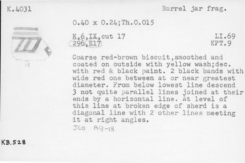 Index card with typed and handwritten information, sometimes including a sketch, of pottery from an excavation.