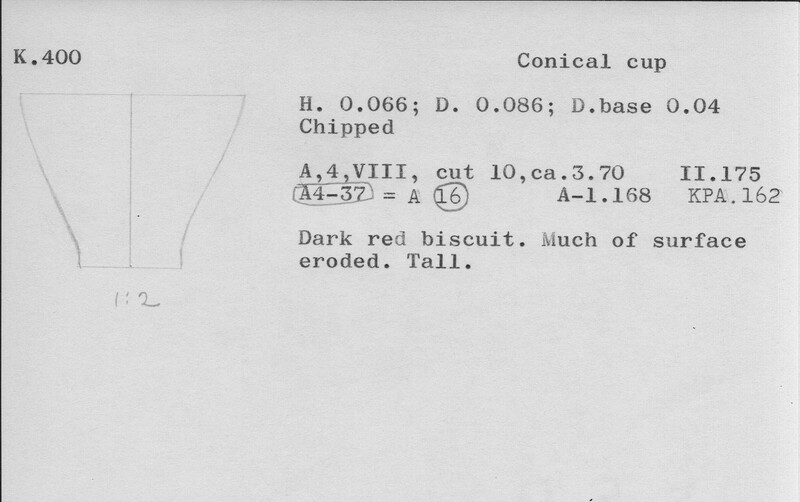 Index card with typed and handwritten information, sometimes including a sketch, of pottery from an excavation.