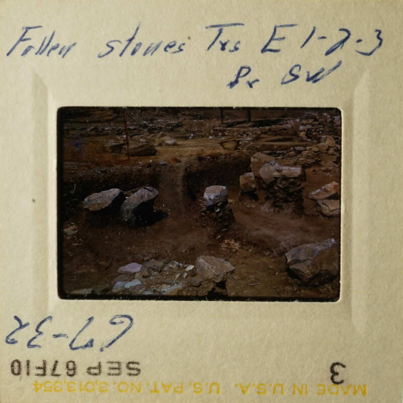 Two photos of rocky terrain, likely part of an archaeological site, with handwritten notes on them.