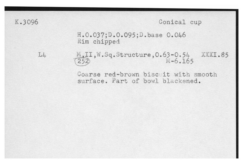 Index card with typed and handwritten information, sometimes including a sketch, of pottery from an excavation.