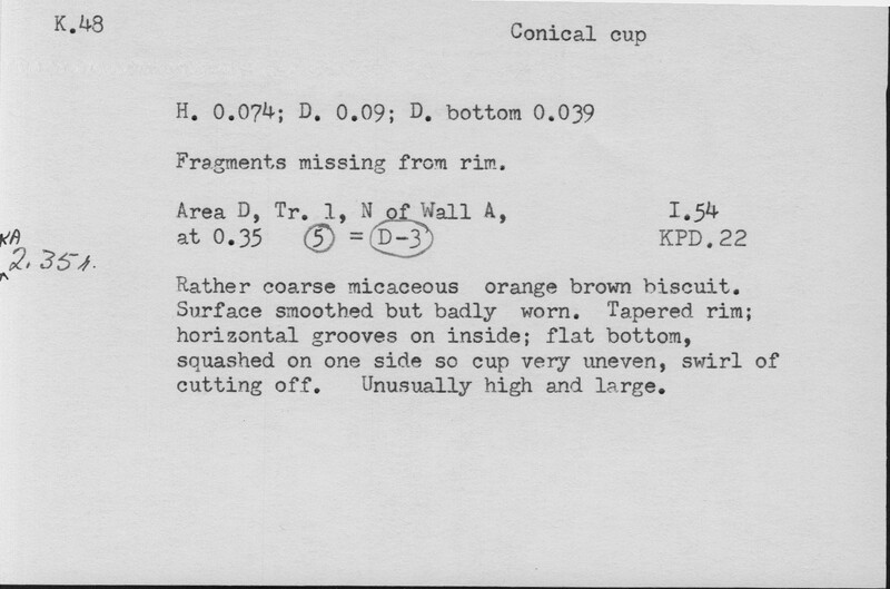 Index card with typed and handwritten information, sometimes including a sketch, of pottery from an excavation.