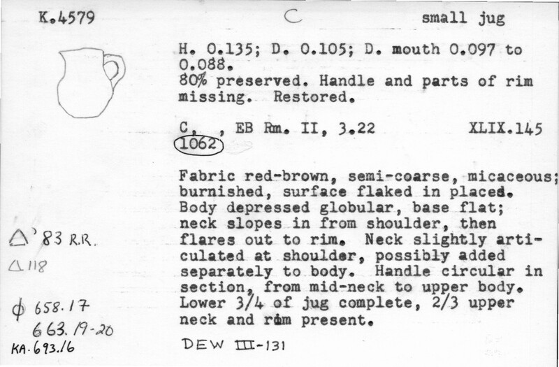 Index card with typed and handwritten information, sometimes including a sketch, of pottery from an excavation.