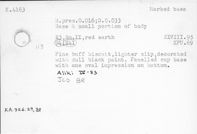 Index card with typed and handwritten information, sometimes including a sketch, of pottery from an excavation.