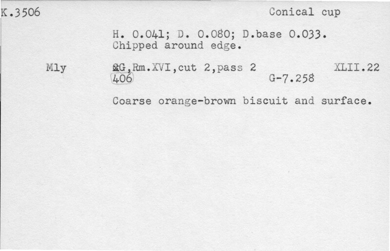 Index card with typed and handwritten information, sometimes including a sketch, of pottery from an excavation.