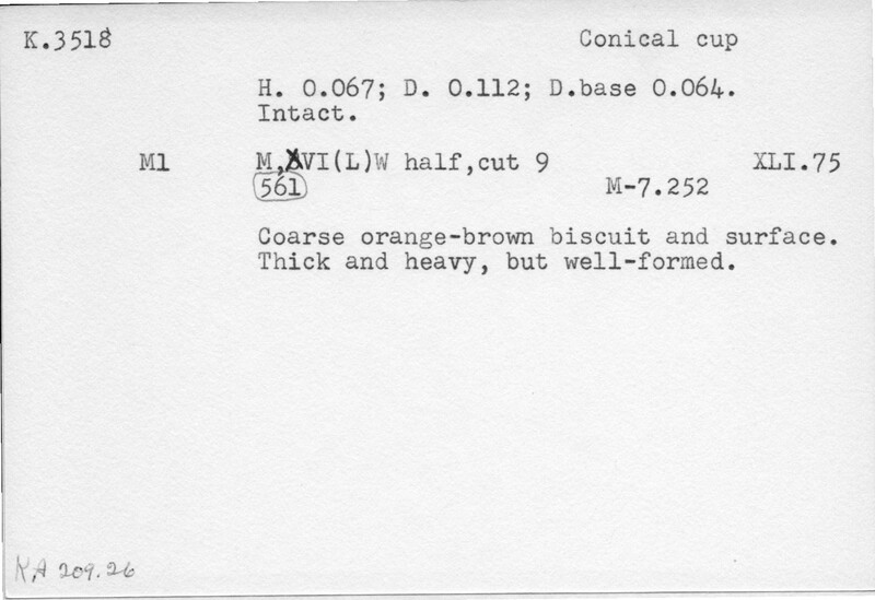 Index card with typed and handwritten information, sometimes including a sketch, of pottery from an excavation.