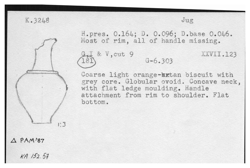 Index card with typed and handwritten information, sometimes including a sketch, of pottery from an excavation.