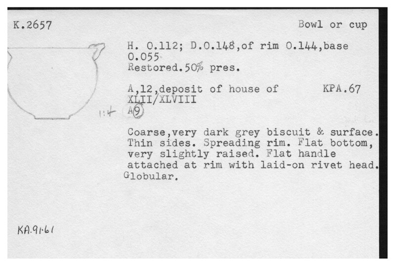 Index card with typed and handwritten information, sometimes including a sketch, of pottery from an excavation.