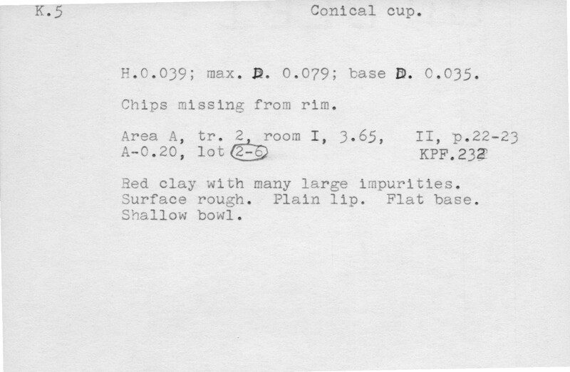 Index card with typed and handwritten information, sometimes including a sketch, of pottery from an excavation.