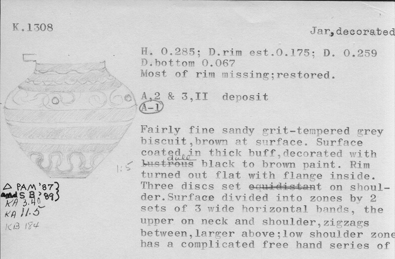 Index card with typed and handwritten information, sometimes including a sketch, of pottery from an excavation.