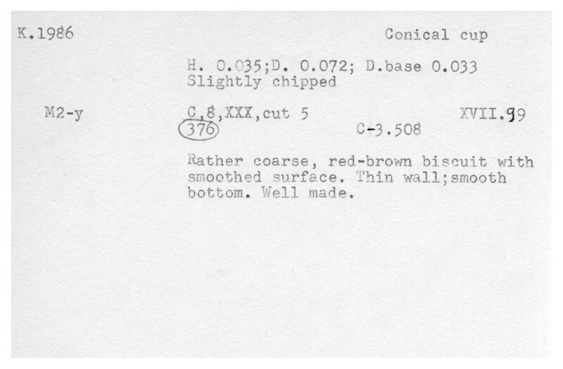 Index card with typed and handwritten information, sometimes including a sketch, of pottery from an excavation.
