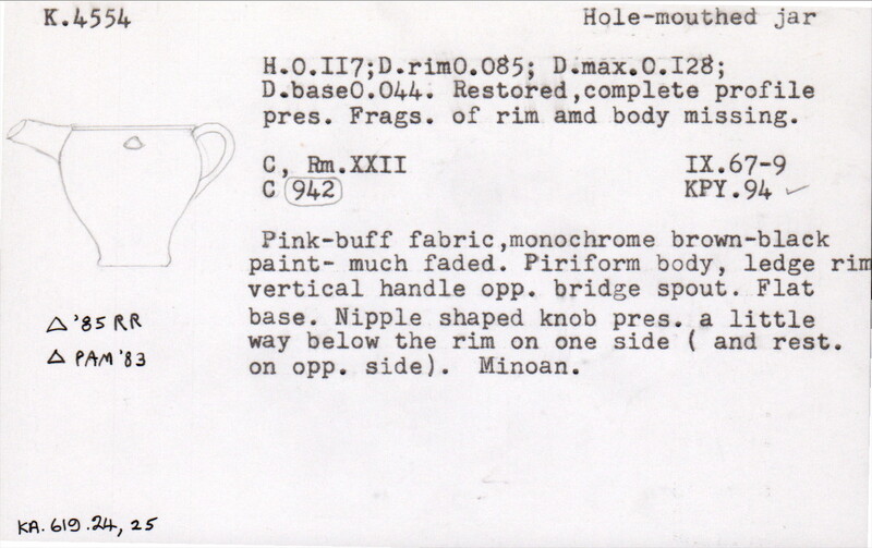 Index card with typed and handwritten information, sometimes including a sketch, of pottery from an excavation.