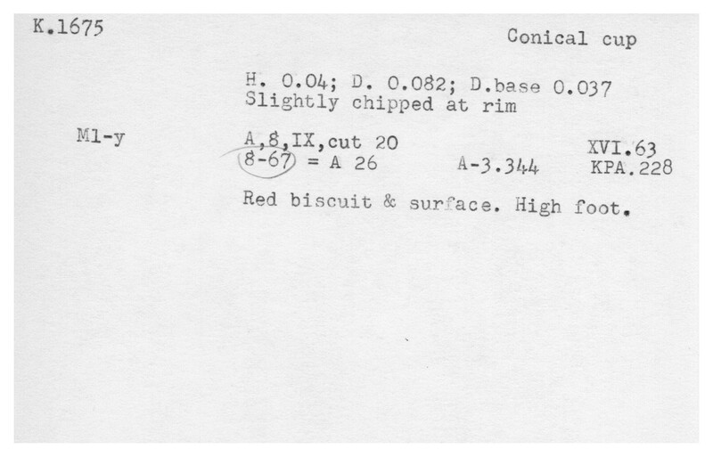 Index card with typed and handwritten information, sometimes including a sketch, of pottery from an excavation.