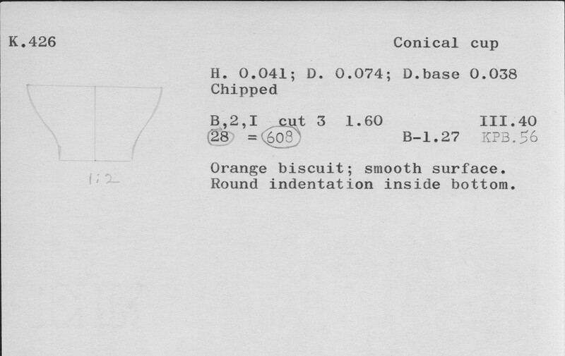 Index card with typed and handwritten information, sometimes including a sketch, of pottery from an excavation.