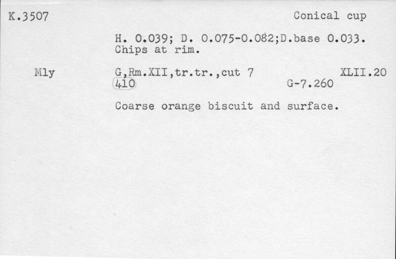 Index card with typed and handwritten information, sometimes including a sketch, of pottery from an excavation.