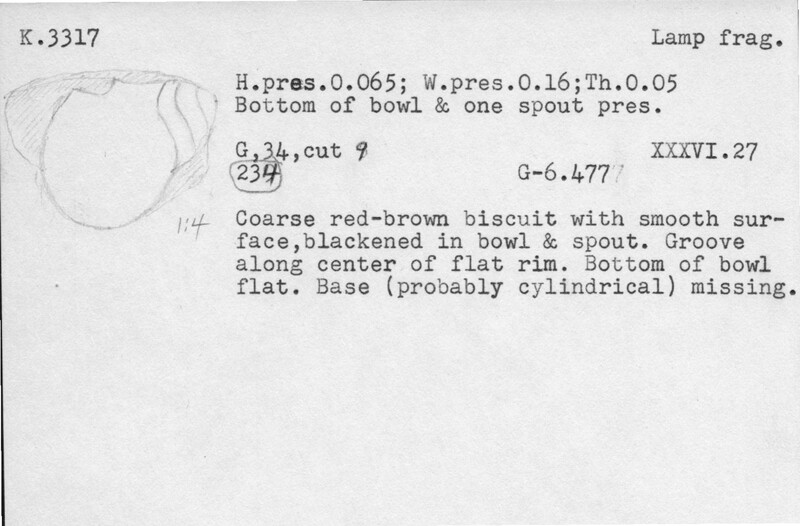 Index card with typed and handwritten information, sometimes including a sketch, of pottery from an excavation.