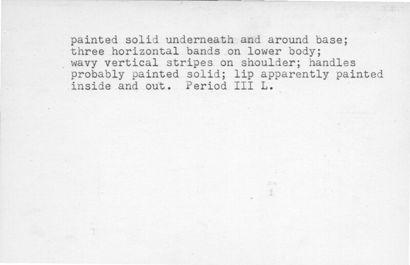 Index card with typed and handwritten information, sometimes including a sketch, of pottery from an excavation.