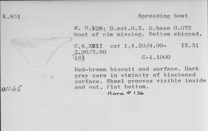Index card with typed and handwritten information, sometimes including a sketch, of pottery from an excavation.