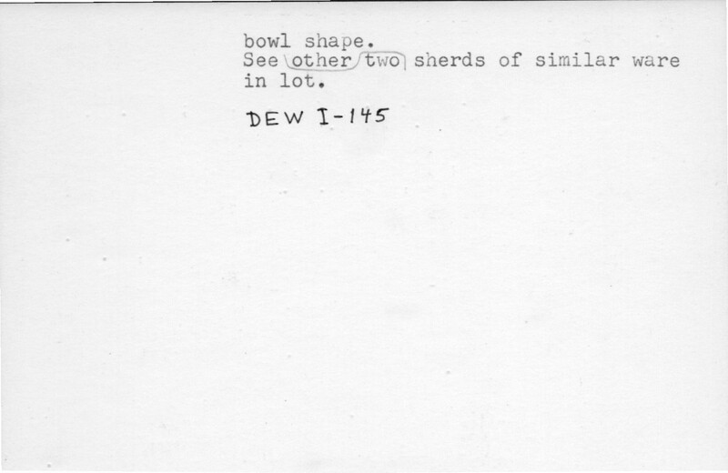 Index card with typed and handwritten information, sometimes including a sketch, of pottery from an excavation.