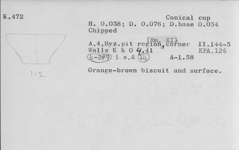 Index card with typed and handwritten information, sometimes including a sketch, of pottery from an excavation.