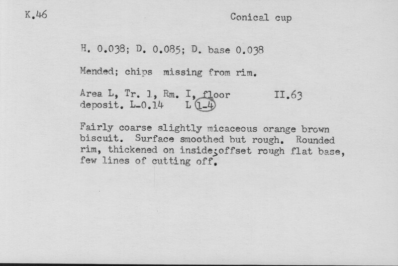 Index card with typed and handwritten information, sometimes including a sketch, of pottery from an excavation.