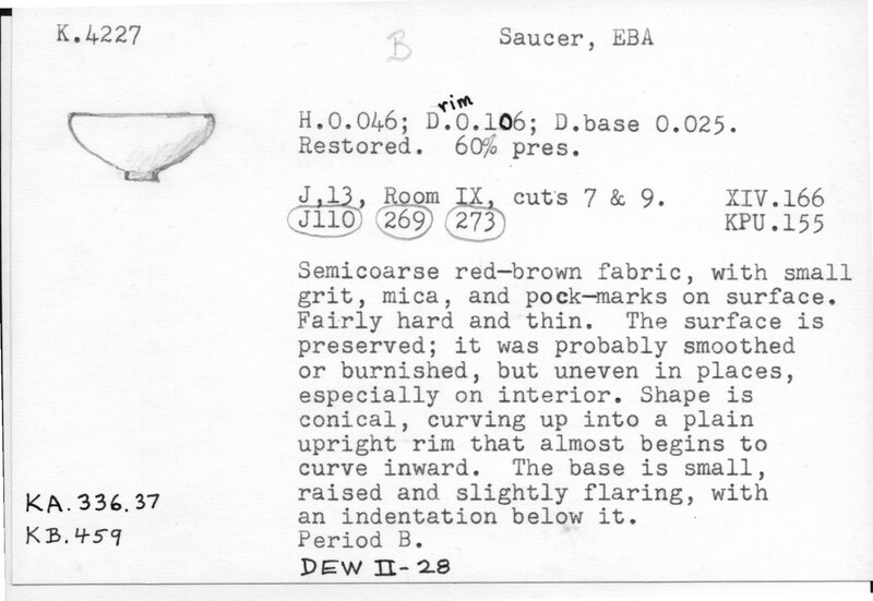 Index card with typed and handwritten information, sometimes including a sketch, of pottery from an excavation.