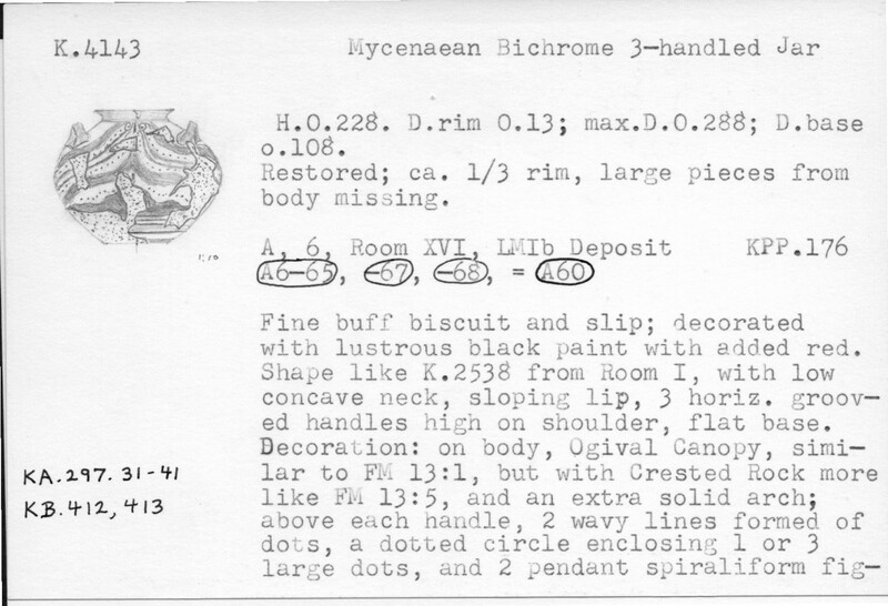 Index card with typed and handwritten information, sometimes including a sketch, of pottery from an excavation.