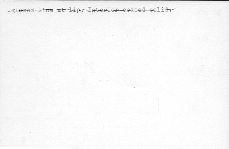 Index card with typed and handwritten information, sometimes including a sketch, of pottery from an excavation.