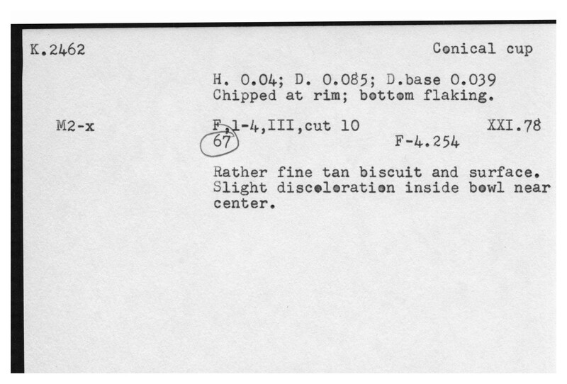 Index card with typed and handwritten information, sometimes including a sketch, of pottery from an excavation.