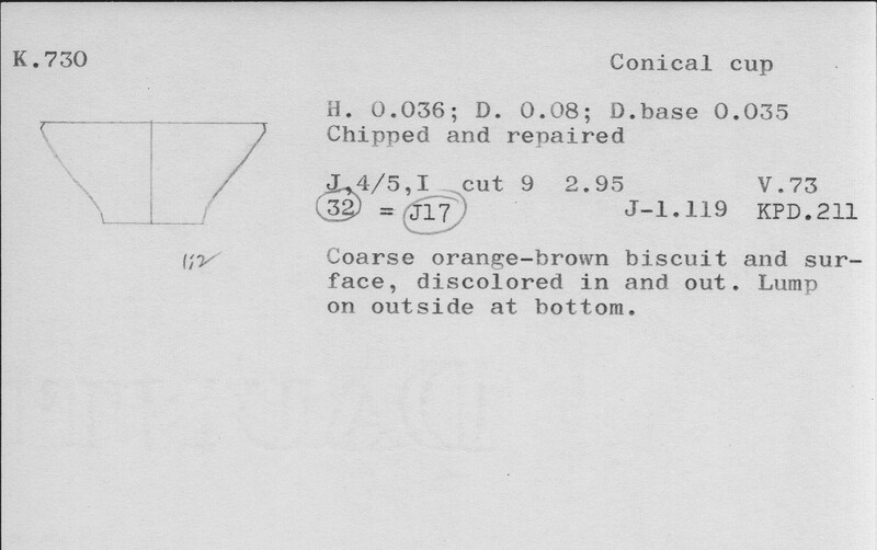 Index card with typed and handwritten information, sometimes including a sketch, of pottery from an excavation.