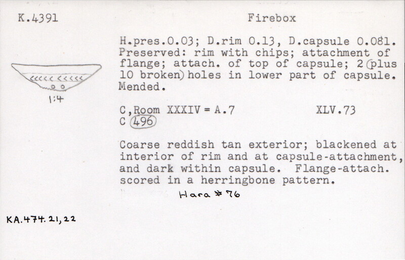 Index card with typed and handwritten information, sometimes including a sketch, of pottery from an excavation.