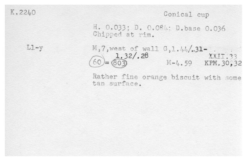 Index card with typed and handwritten information, sometimes including a sketch, of pottery from an excavation.
