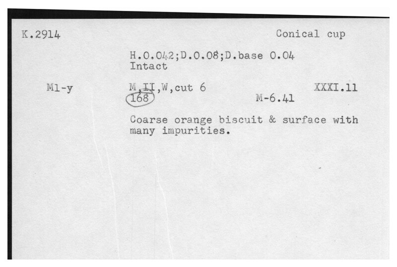 Index card with typed and handwritten information, sometimes including a sketch, of pottery from an excavation.