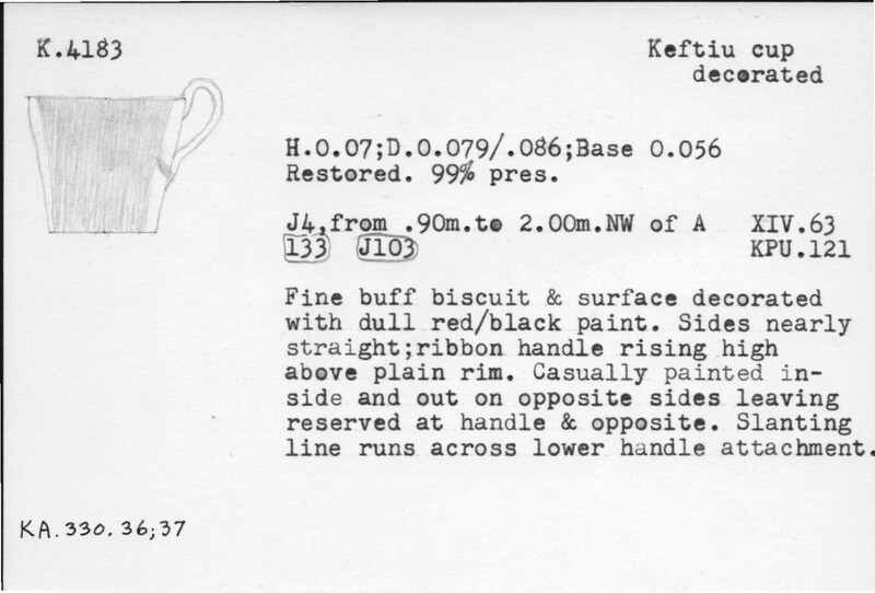 Index card with typed and handwritten information, sometimes including a sketch, of pottery from an excavation.