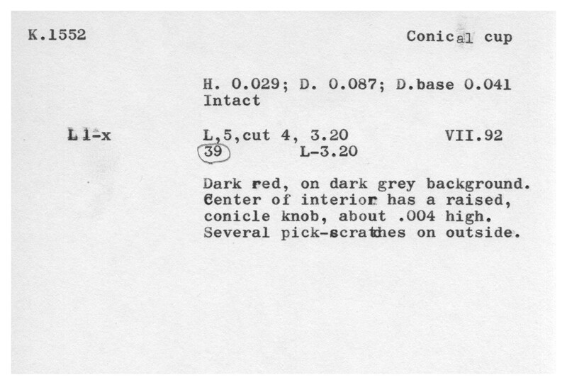 Index card with typed and handwritten information, sometimes including a sketch, of pottery from an excavation.