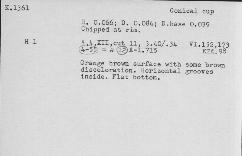Index card with typed and handwritten information, sometimes including a sketch, of pottery from an excavation.