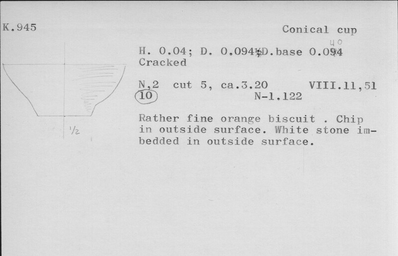 Index card with typed and handwritten information, sometimes including a sketch, of pottery from an excavation.
