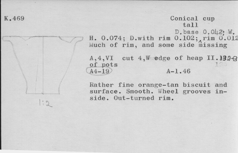 Index card with typed and handwritten information, sometimes including a sketch, of pottery from an excavation.