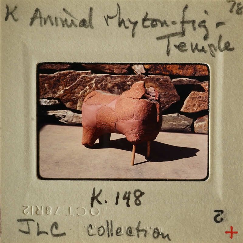 A clay sculpture of an animal, possibly a rhinoceros, on display outdoors.